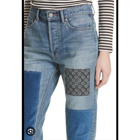 La Vie Rebecca Taylor Patched Velvet & Rigid Blue Denim Jeans Womens Size 27 - Picture 2 of 16